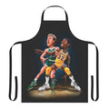 A colorful cooking apron with a basketball theme, featuring the iconic silhouettes of basketball legends.