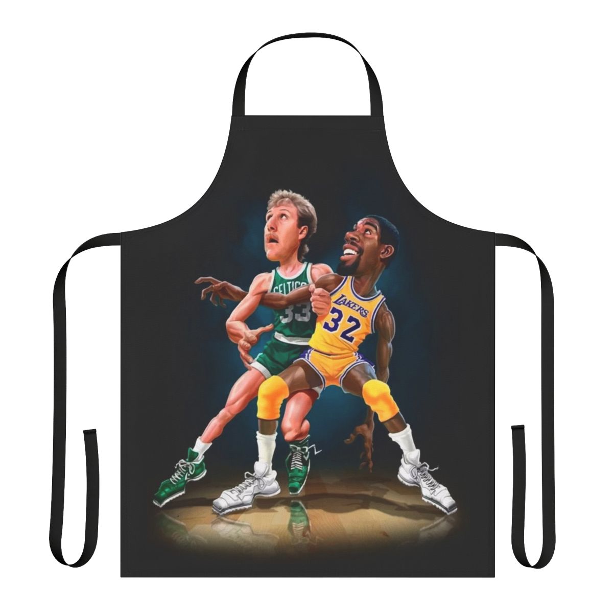 A colorful cooking apron with a basketball theme, featuring the iconic silhouettes of basketball legends.