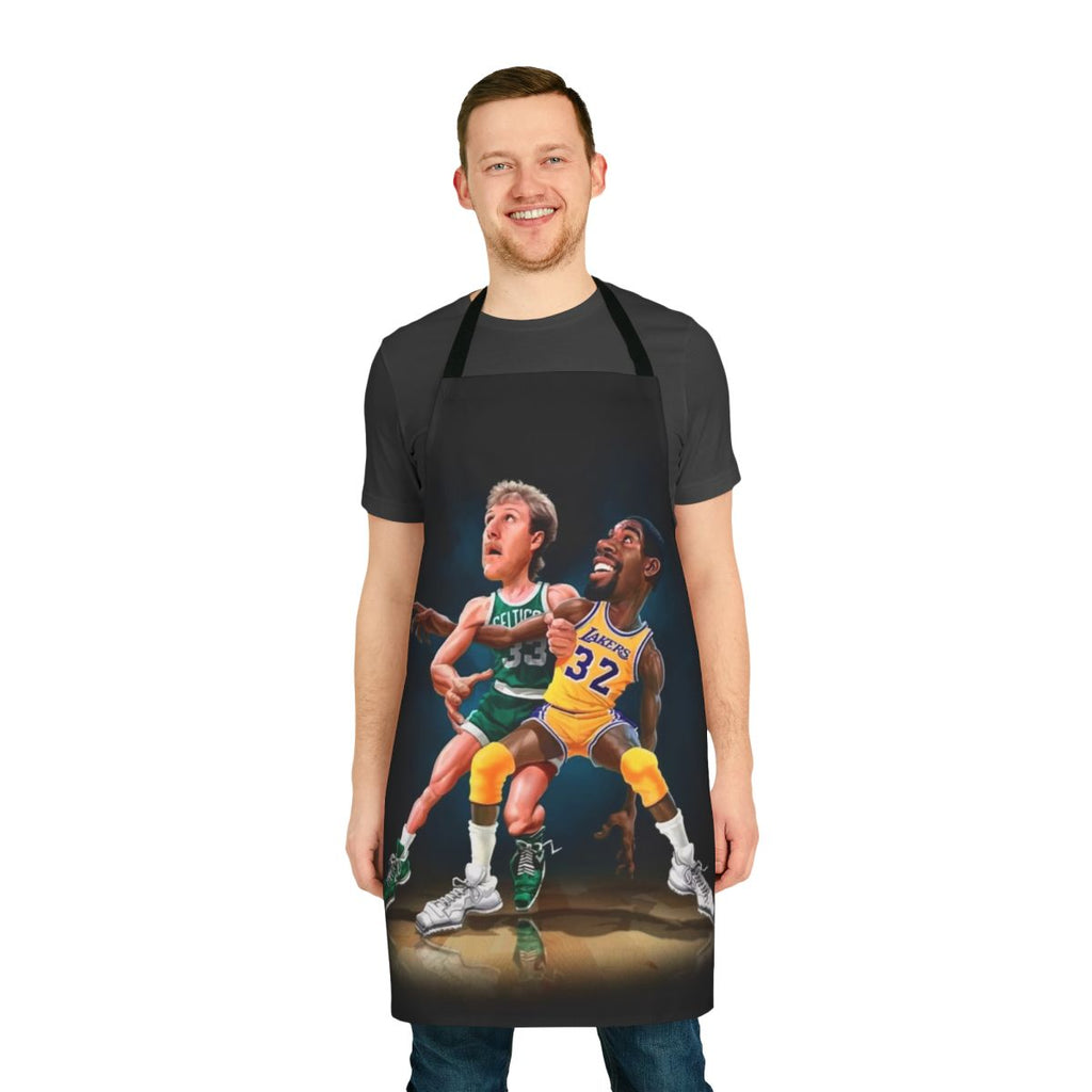 A colorful cooking apron with a basketball theme, featuring the iconic silhouettes of basketball legends.