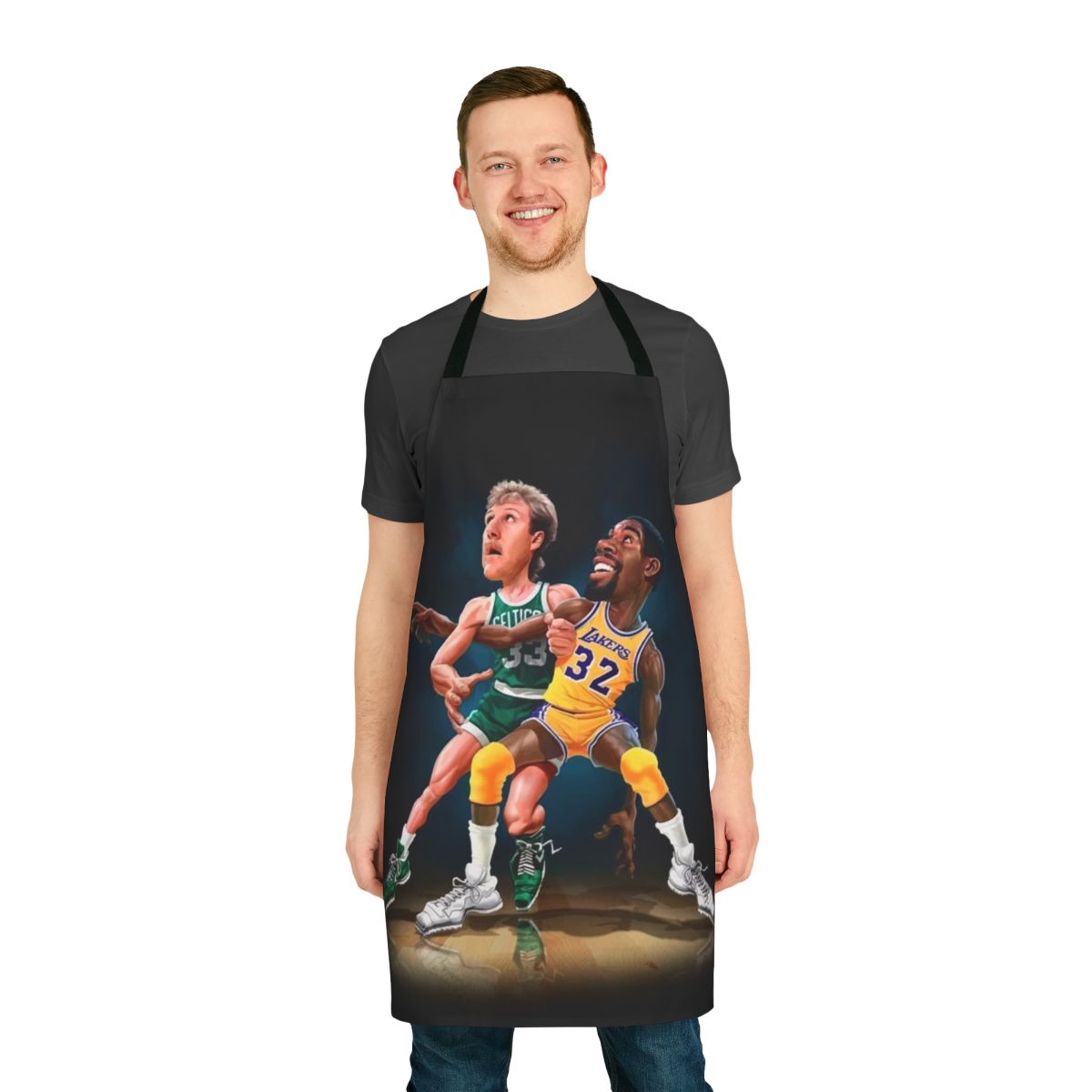 A colorful cooking apron with a basketball theme, featuring the iconic silhouettes of basketball legends.
