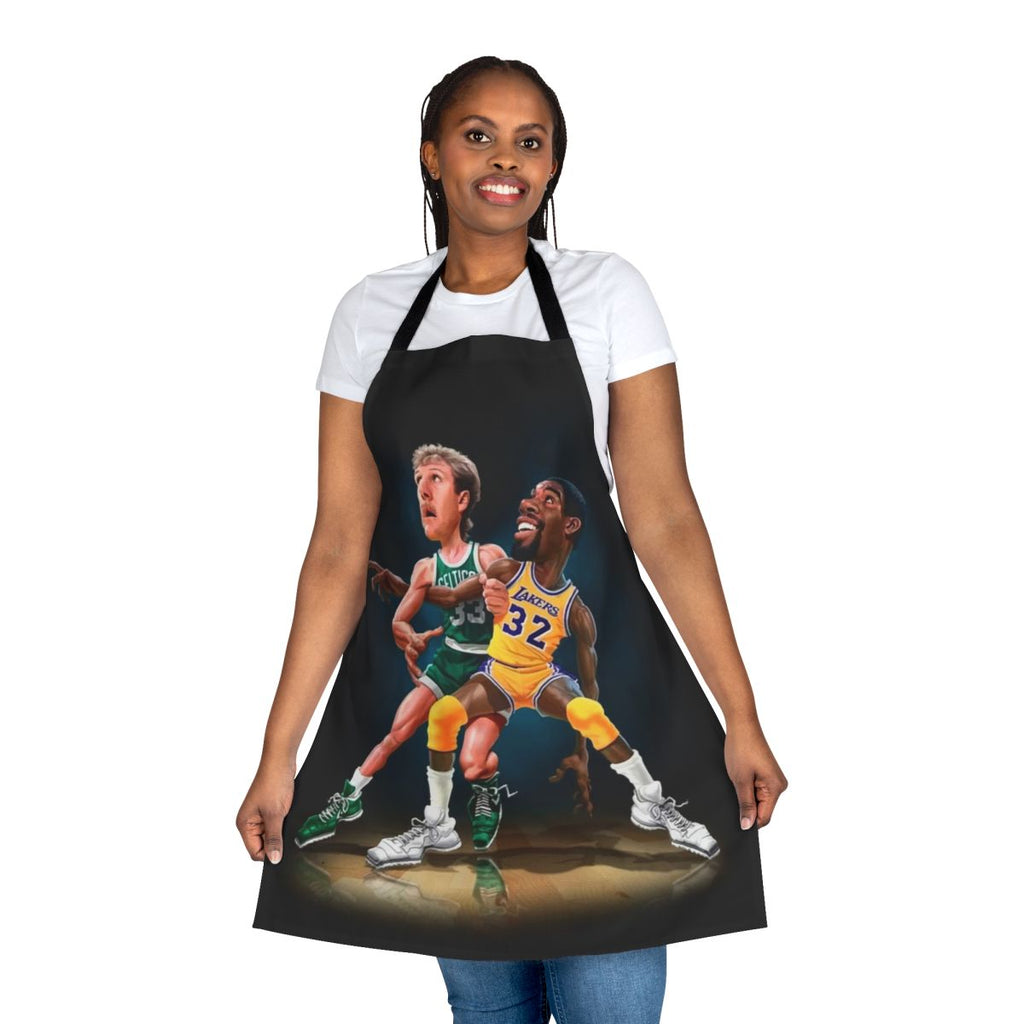 A colorful cooking apron with a basketball theme, featuring the iconic silhouettes of basketball legends.