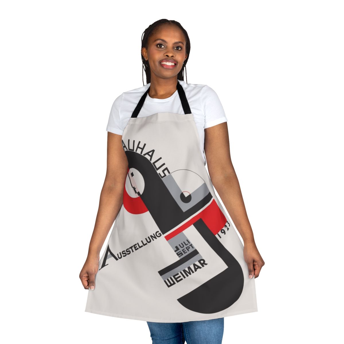 Bauhaus-inspired apron with geometric patterns and Constructivist design elements