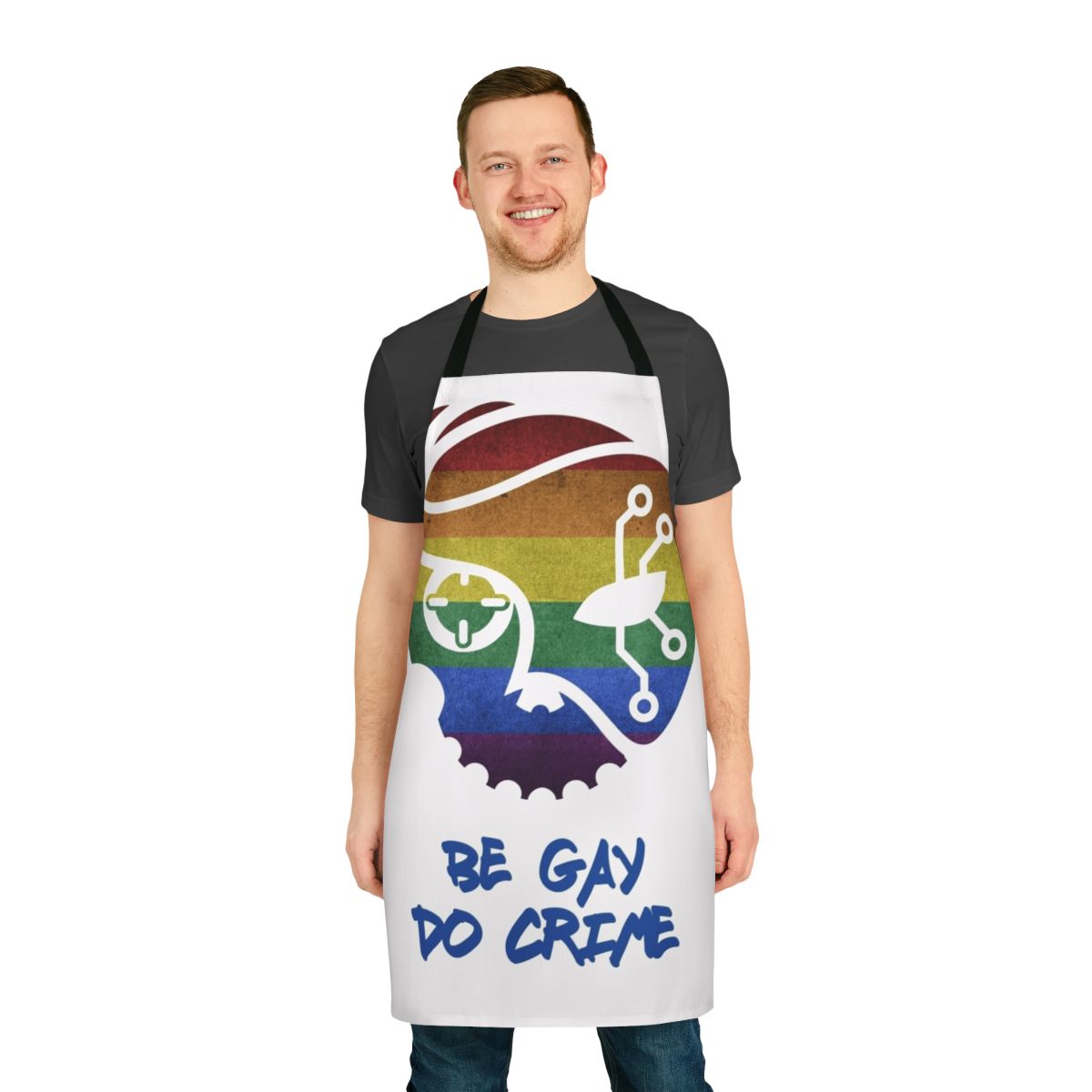 "Be Gay Do Crime" LGBTQ-themed apron with a bold, vibrant design