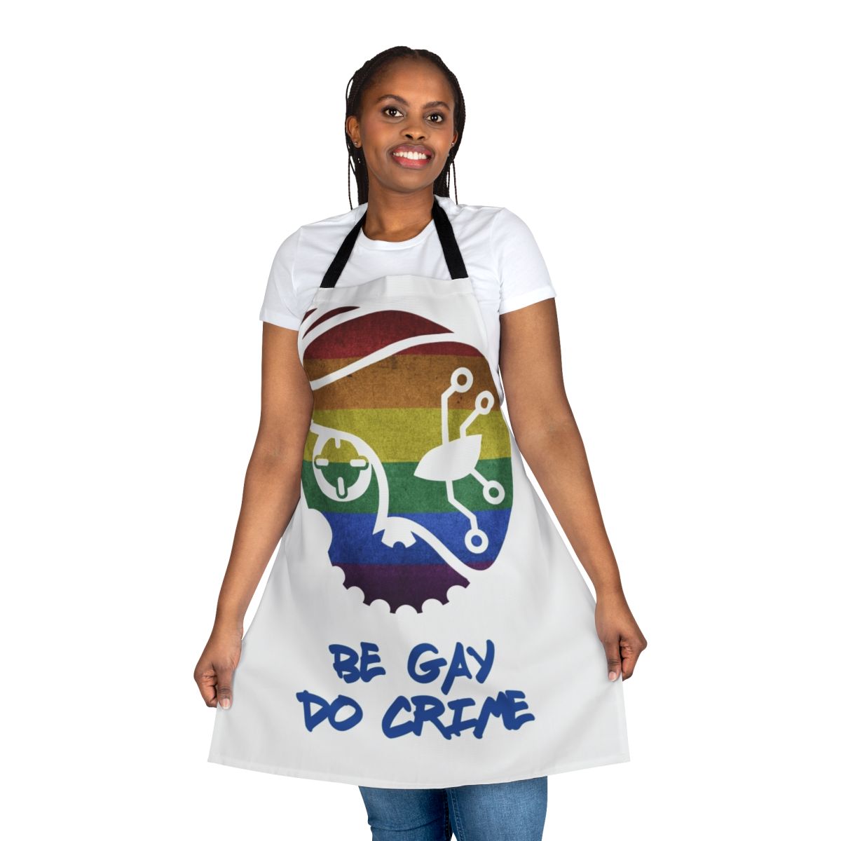 "Be Gay Do Crime" LGBTQ-themed apron with a bold, vibrant design