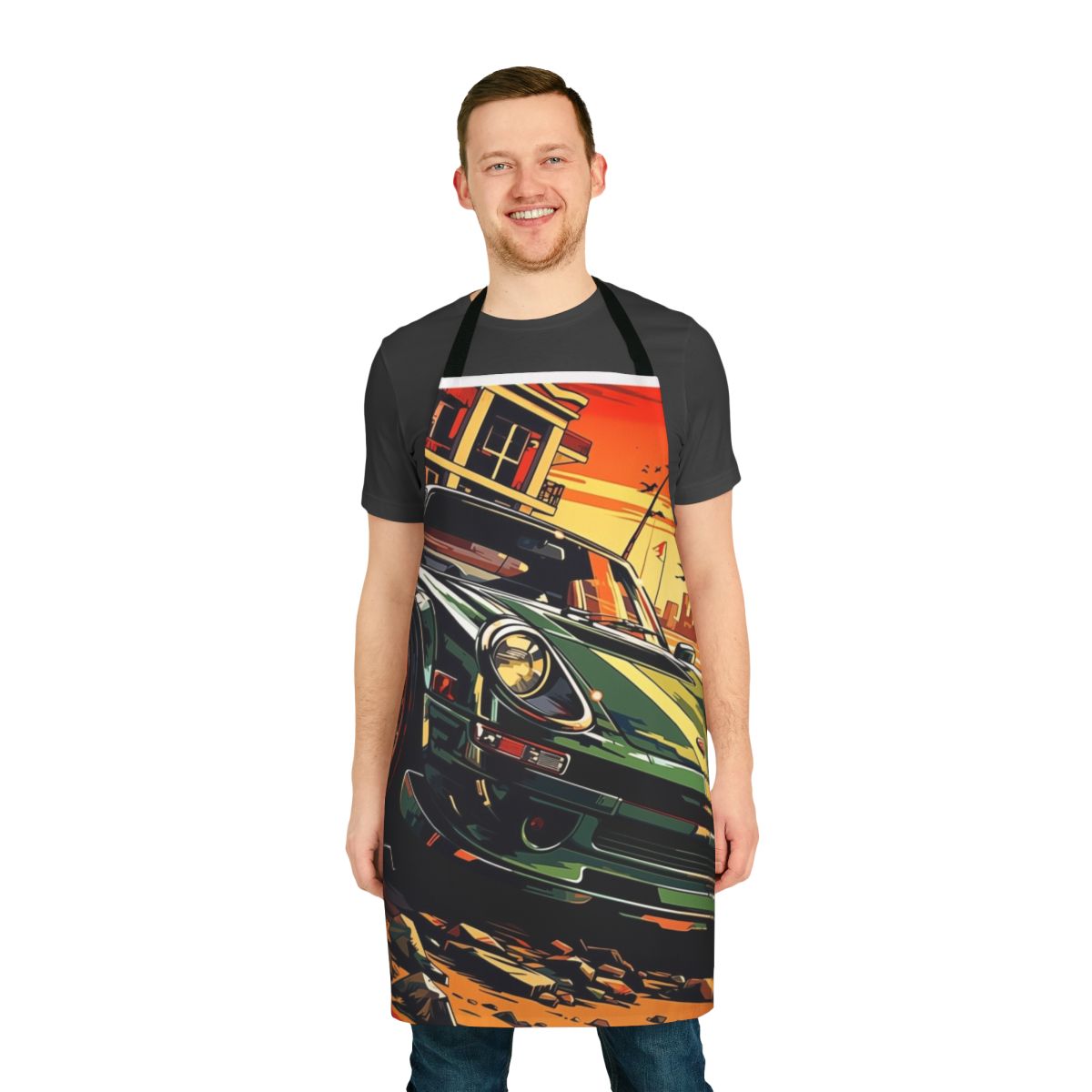 Beachside cruise apron with car racing and motorsport design