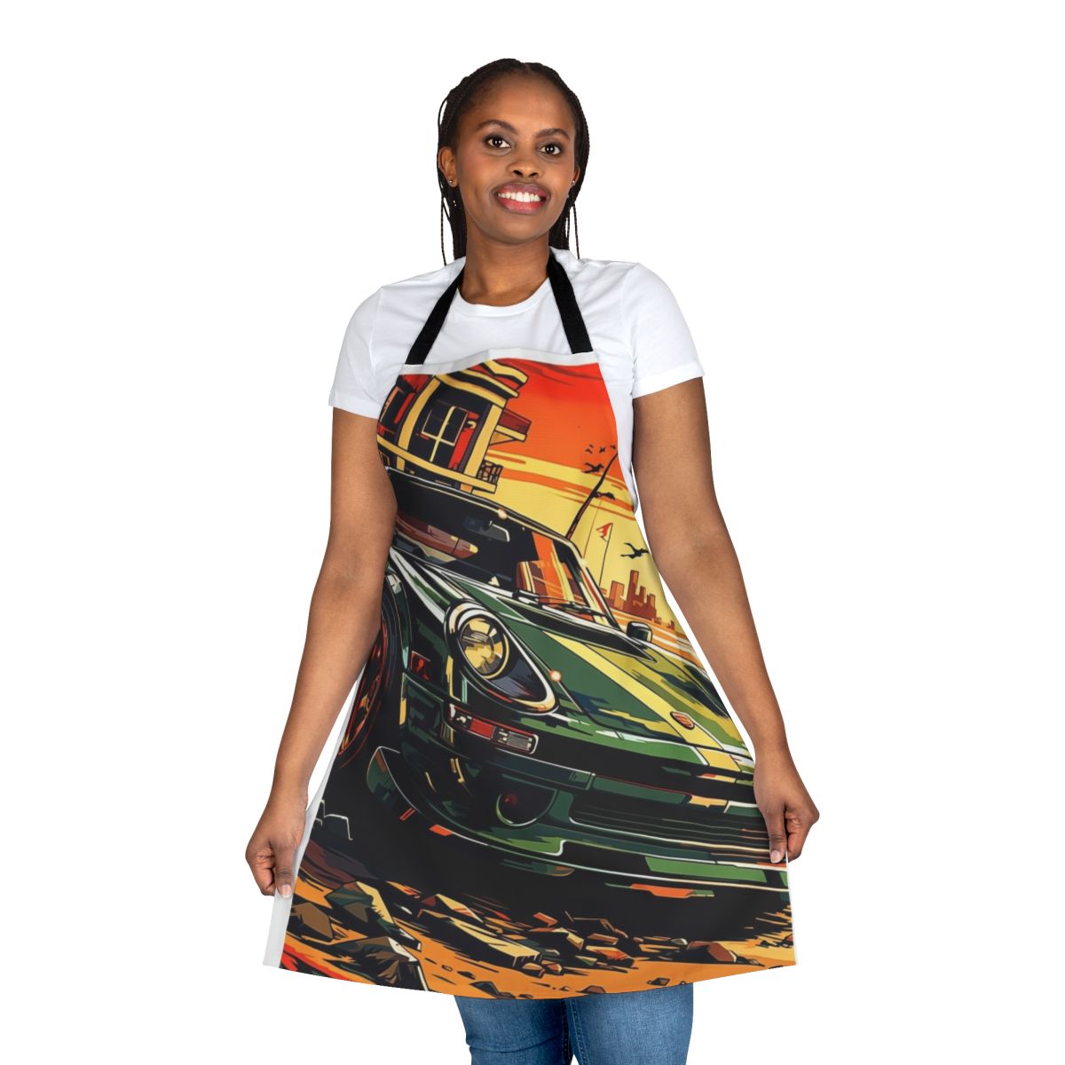 Beachside cruise apron with car racing and motorsport design