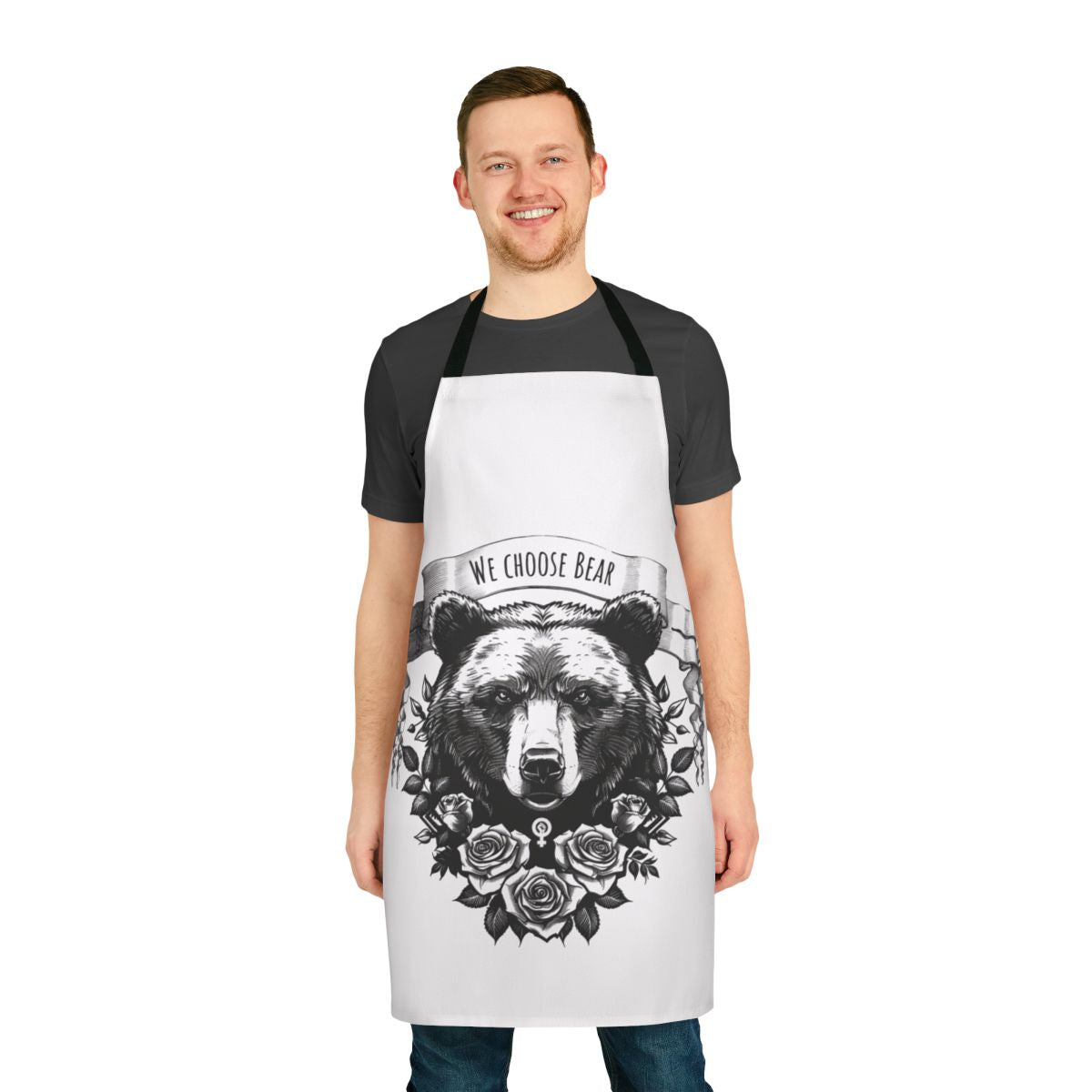 Photograph of a high-quality, durable apron featuring a bear design and feminist message.
