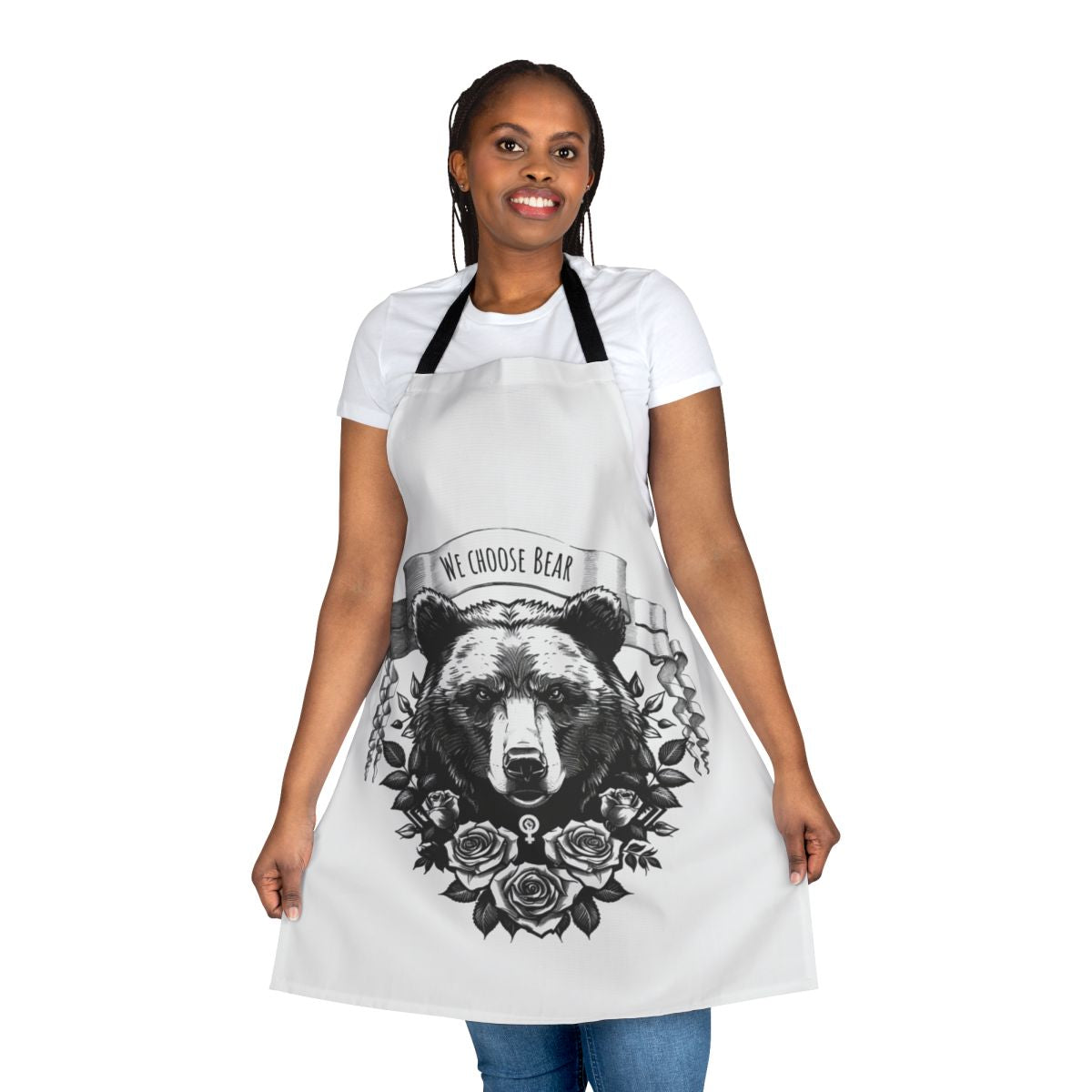 Photograph of a high-quality, durable apron featuring a bear design and feminist message.