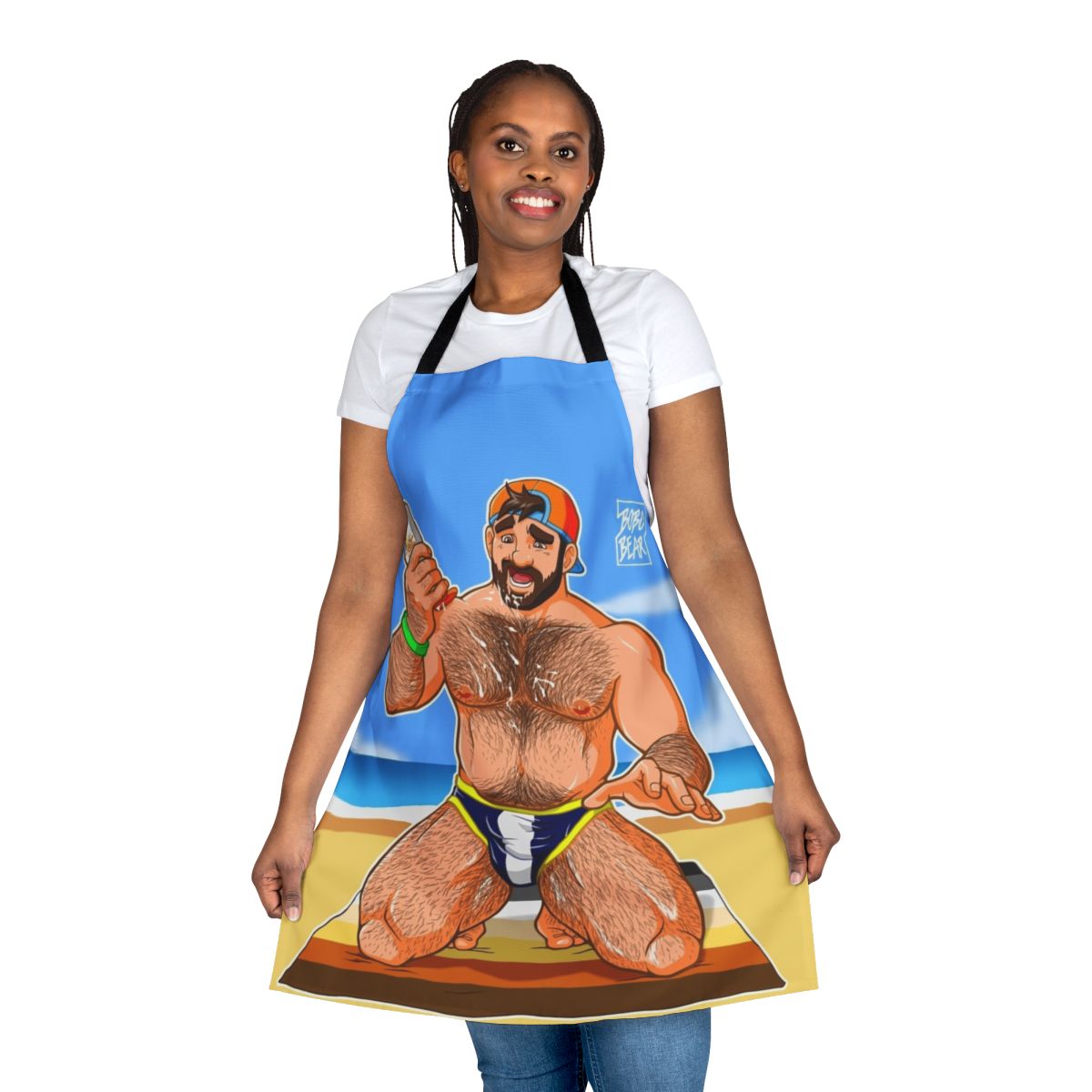 A stylish and colorful apron featuring a bear design, perfect for adding a touch of pride and personality to your kitchen.
