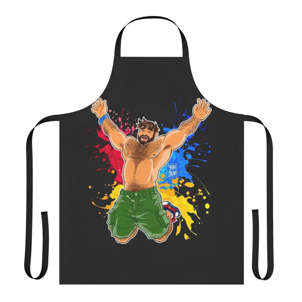 A vibrant apron featuring a playful bear design, perfect for cooking or entertaining during pride celebrations.