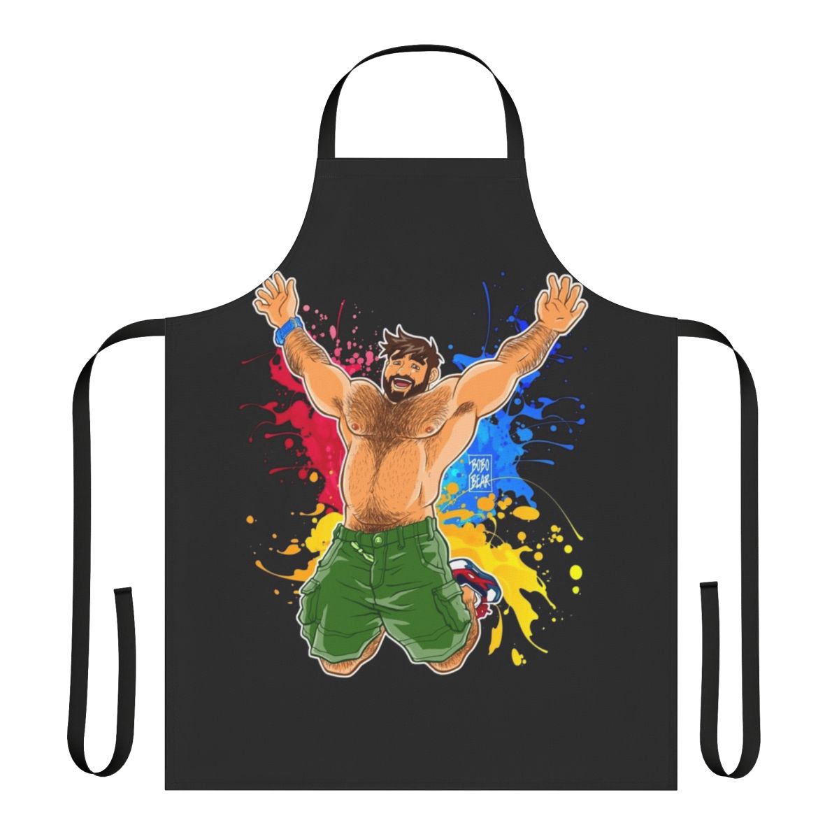 A vibrant apron featuring a playful bear design, perfect for cooking or entertaining during pride celebrations.