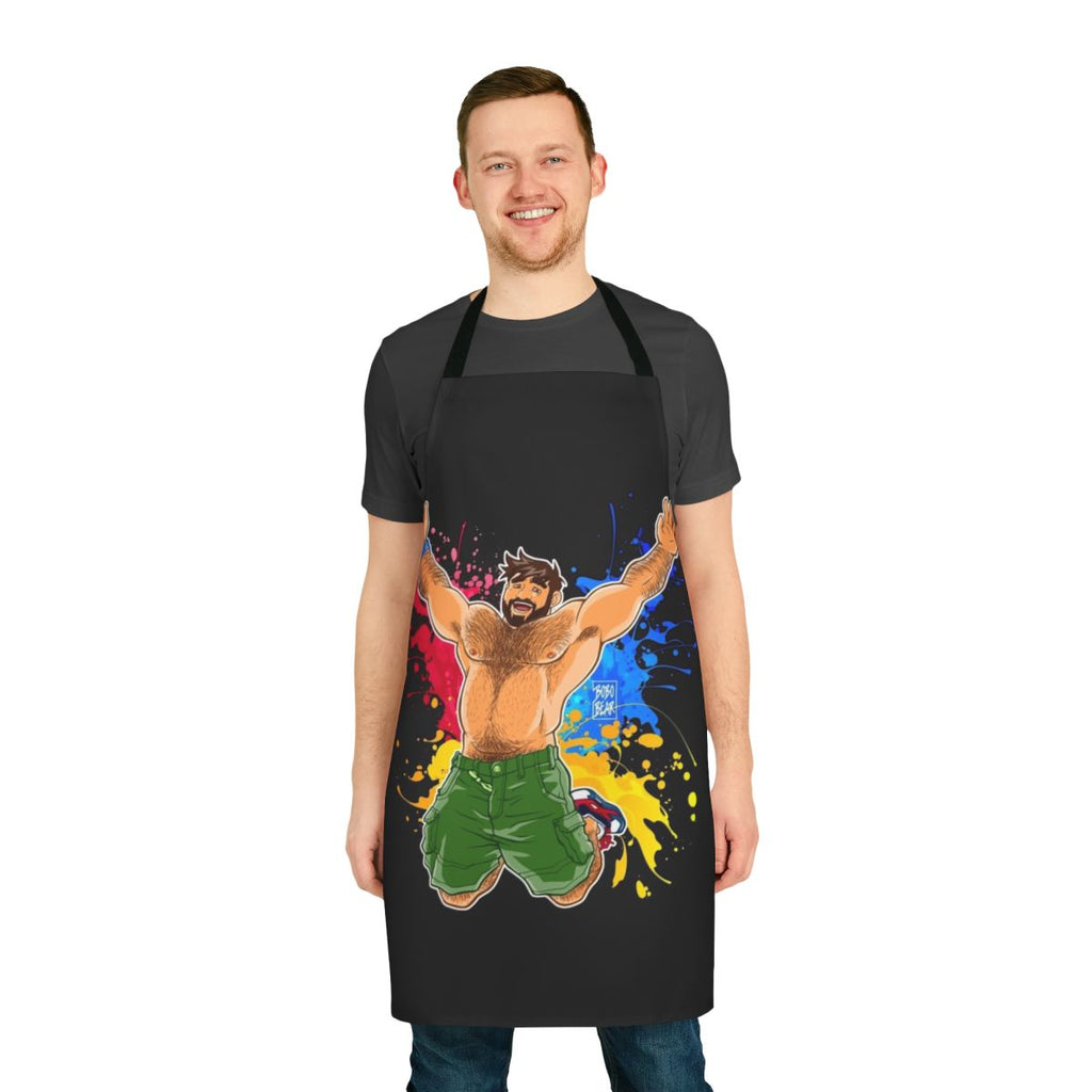 A vibrant apron featuring a playful bear design, perfect for cooking or entertaining during pride celebrations.