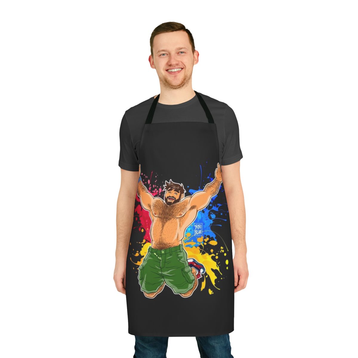 A vibrant apron featuring a playful bear design, perfect for cooking or entertaining during pride celebrations.