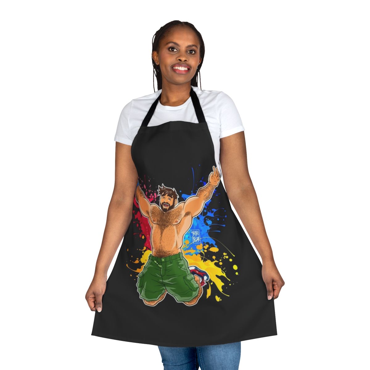 A vibrant apron featuring a playful bear design, perfect for cooking or entertaining during pride celebrations.