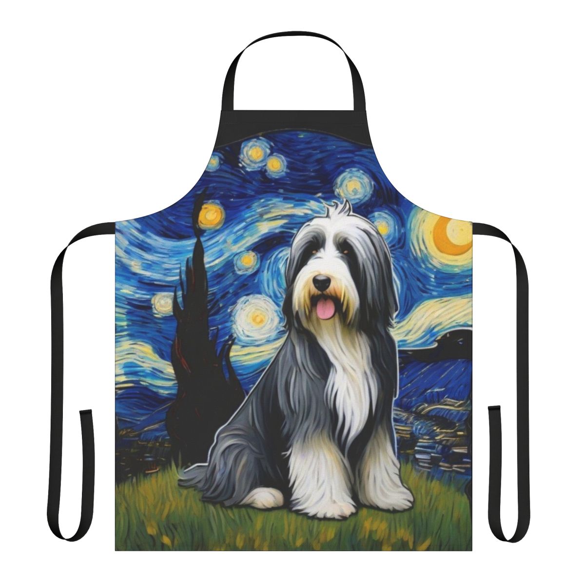 Bearded collie dog wearing a blue apron with a starry night pattern