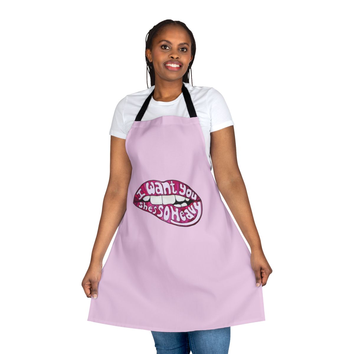 Black and white graphic apron featuring the iconic "I Want You" design from The Beatles' album Abbey Road