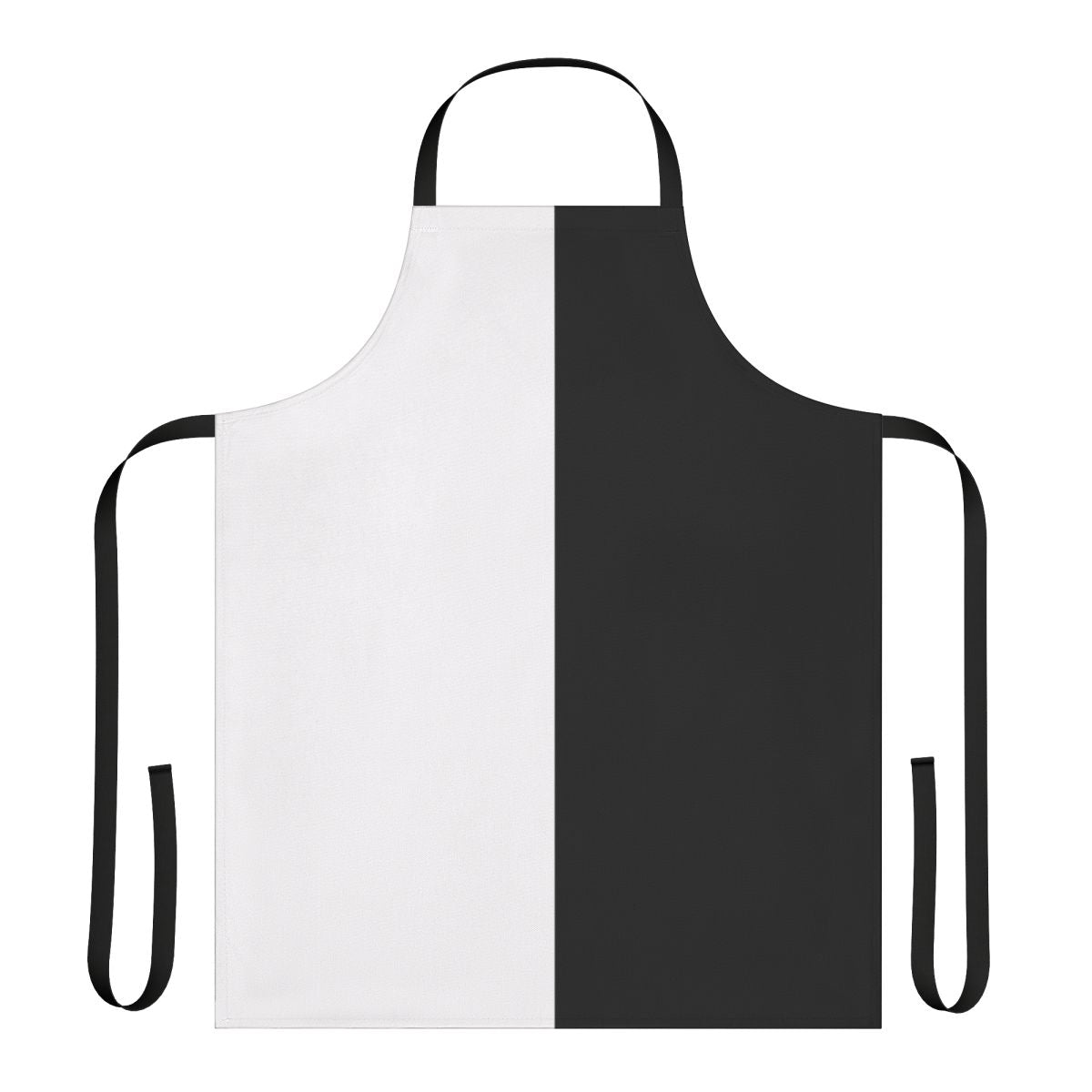 Photograph of a black and white split apron with a unique half and half design