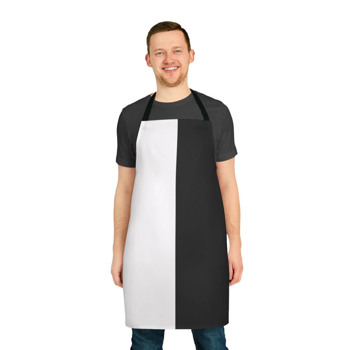 Photograph of a black and white split apron with a unique half and half design