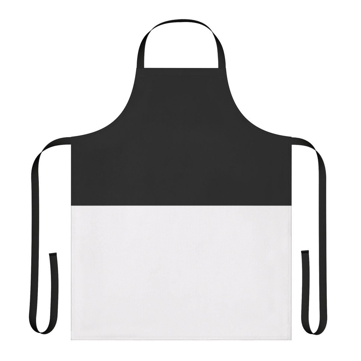 Photograph of a stylish black and white bicolor apron with a geometric design.