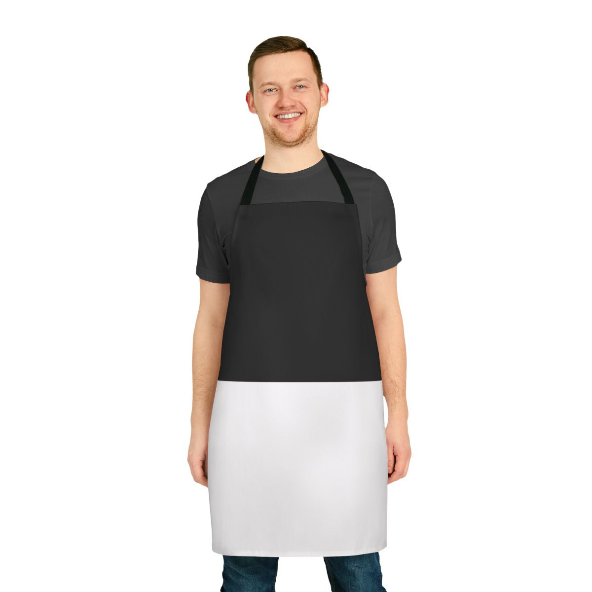 Photograph of a stylish black and white bicolor apron with a geometric design.