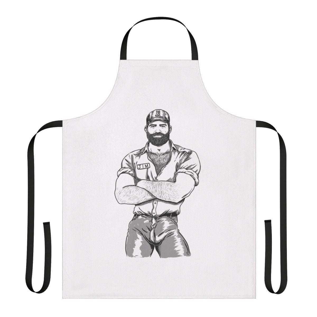 A colorful apron featuring a burly, bearded gay man in a vintage, homoerotic style