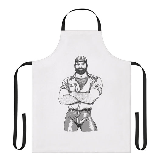 A colorful apron featuring a burly, bearded gay man in a vintage, homoerotic style