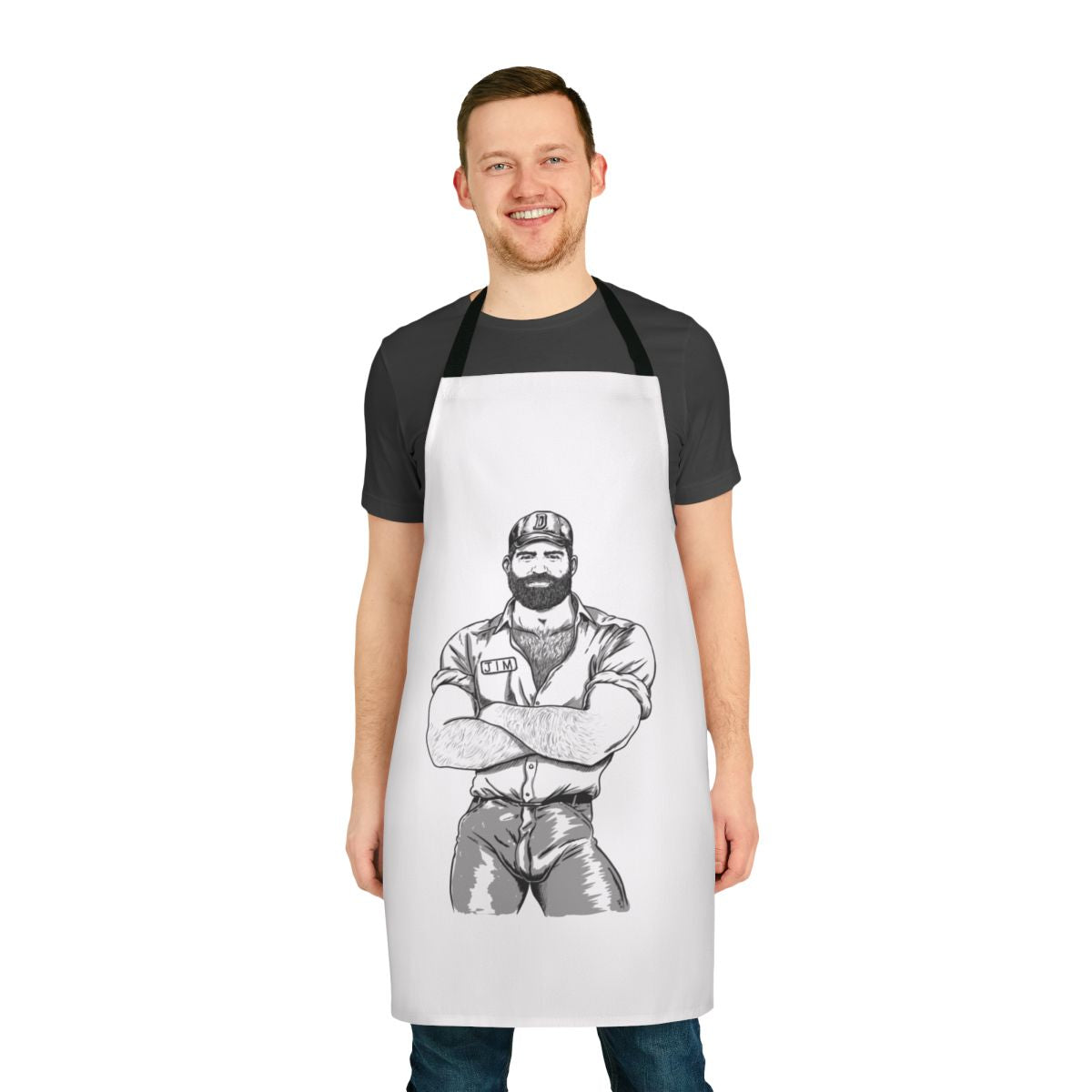 A colorful apron featuring a burly, bearded gay man in a vintage, homoerotic style