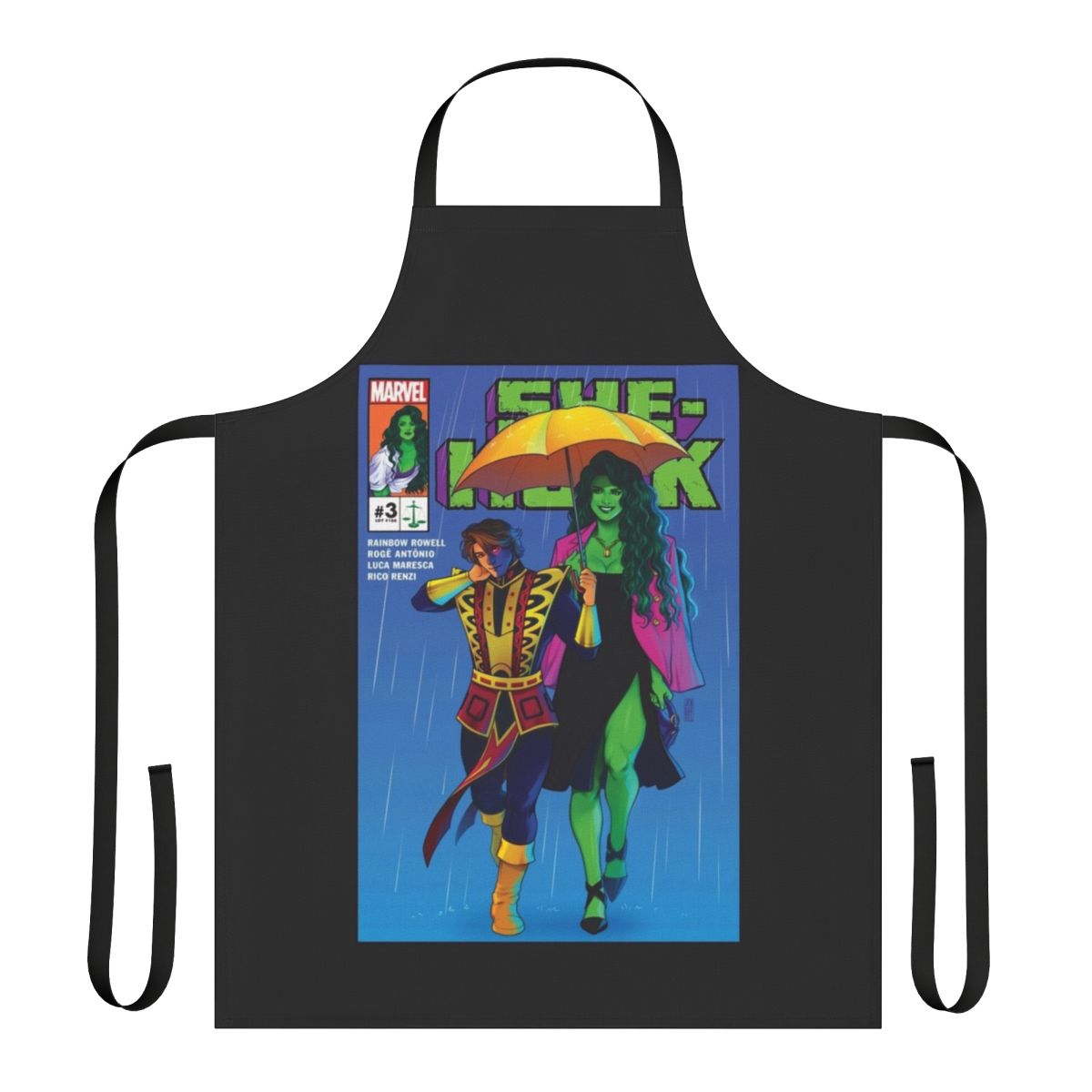 Vibrant green superhero-inspired apron with bold graphics for film and fantasy fans