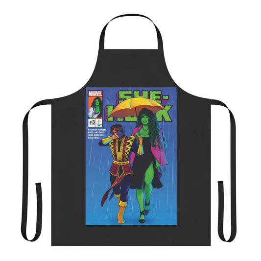 Vibrant green superhero-inspired apron with bold graphics for film and fantasy fans