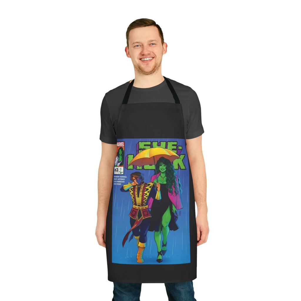 Vibrant green superhero-inspired apron with bold graphics for film and fantasy fans