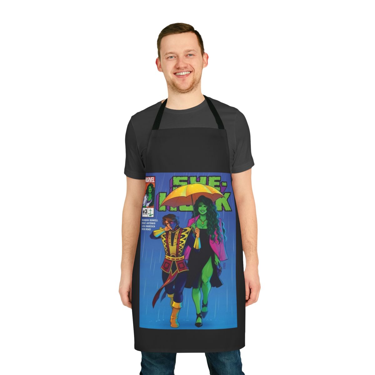Vibrant green superhero-inspired apron with bold graphics for film and fantasy fans