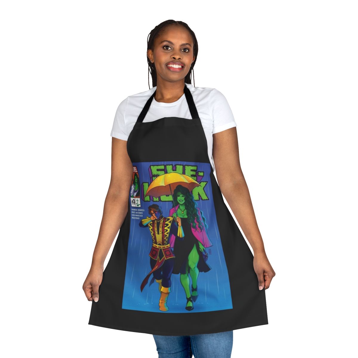 Vibrant green superhero-inspired apron with bold graphics for film and fantasy fans