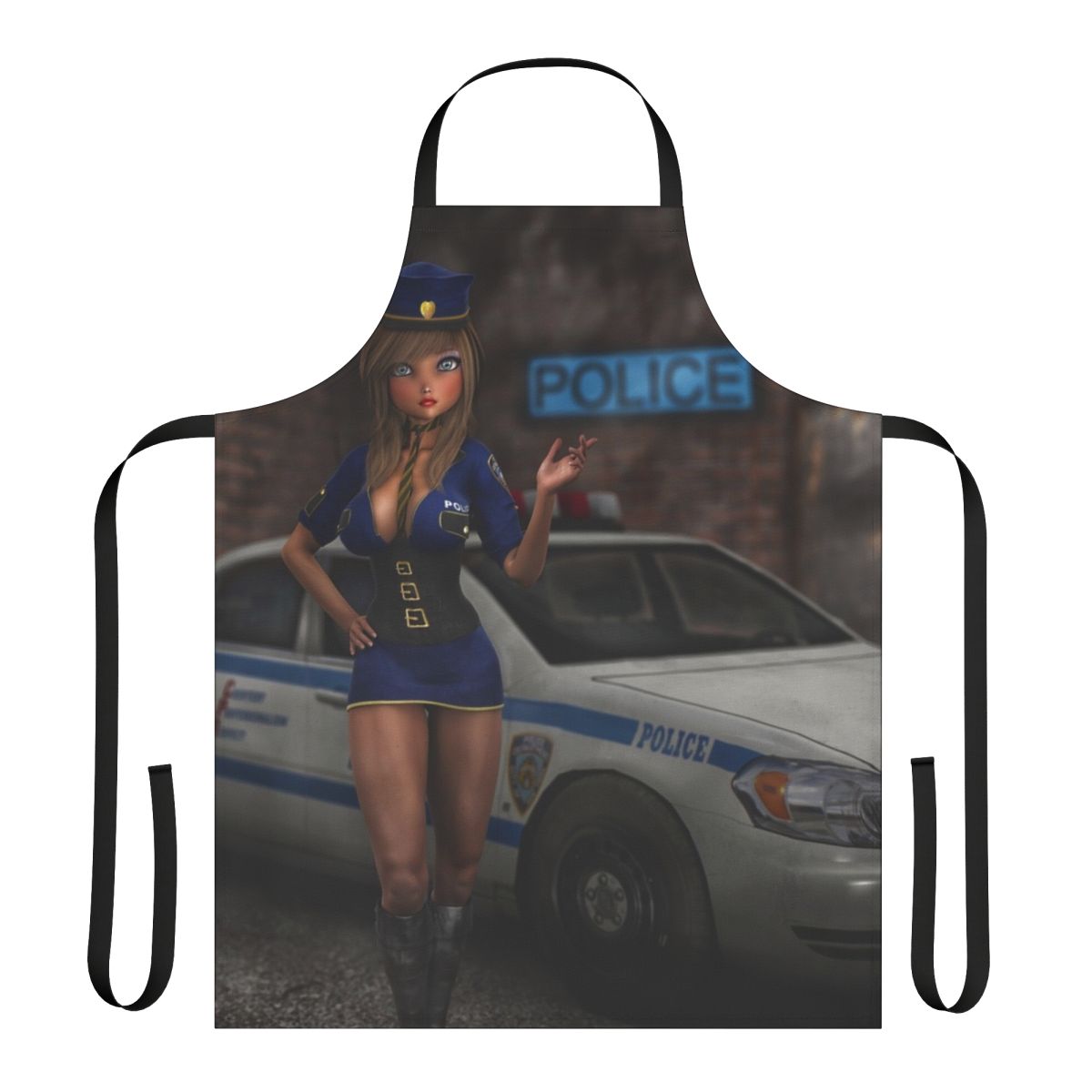 Big Head Betty 7 Apron with a cute cartoon policewoman design