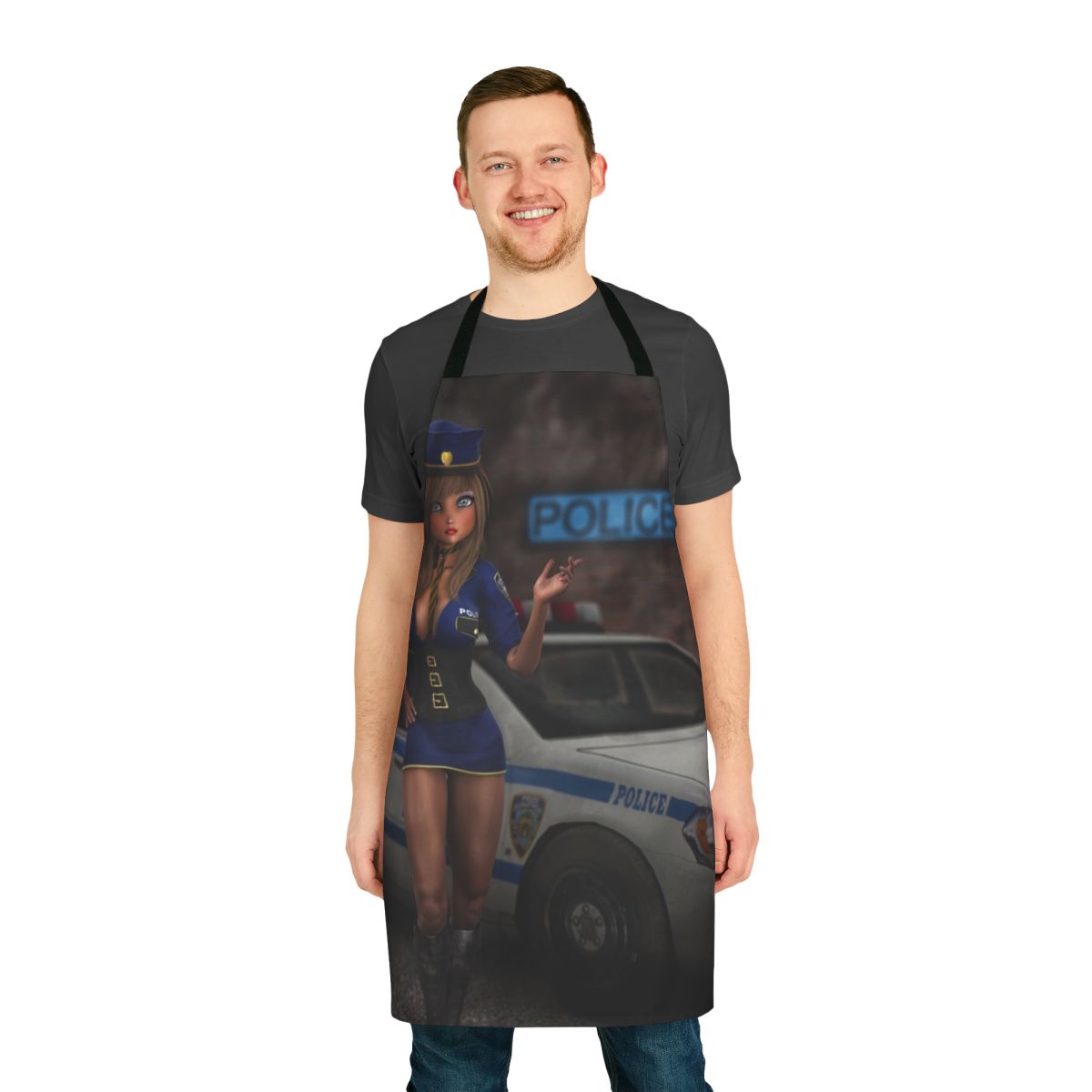 Big Head Betty 7 Apron with a cute cartoon policewoman design