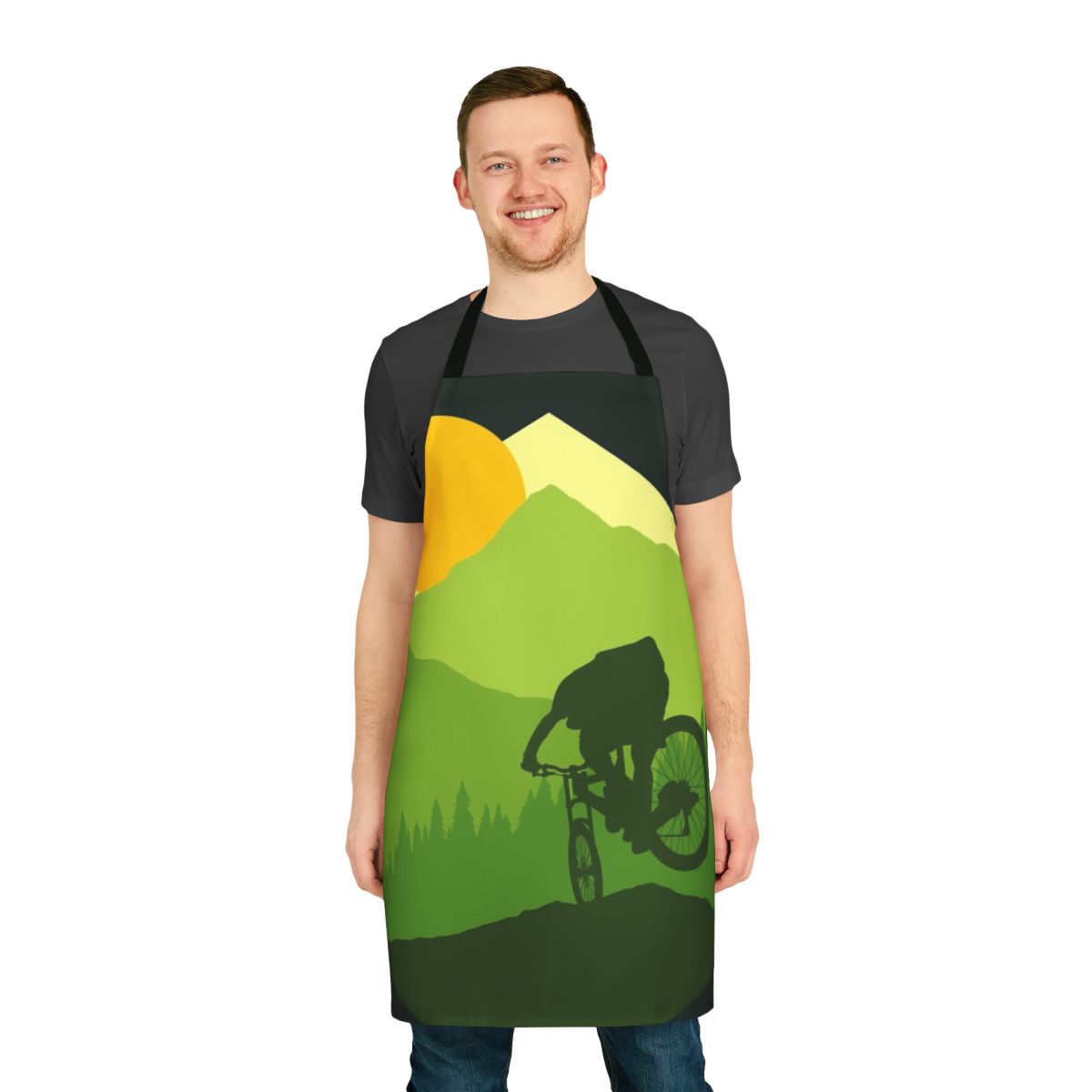 A green and yellow geometric patterned apron for bike riders and outdoor enthusiasts