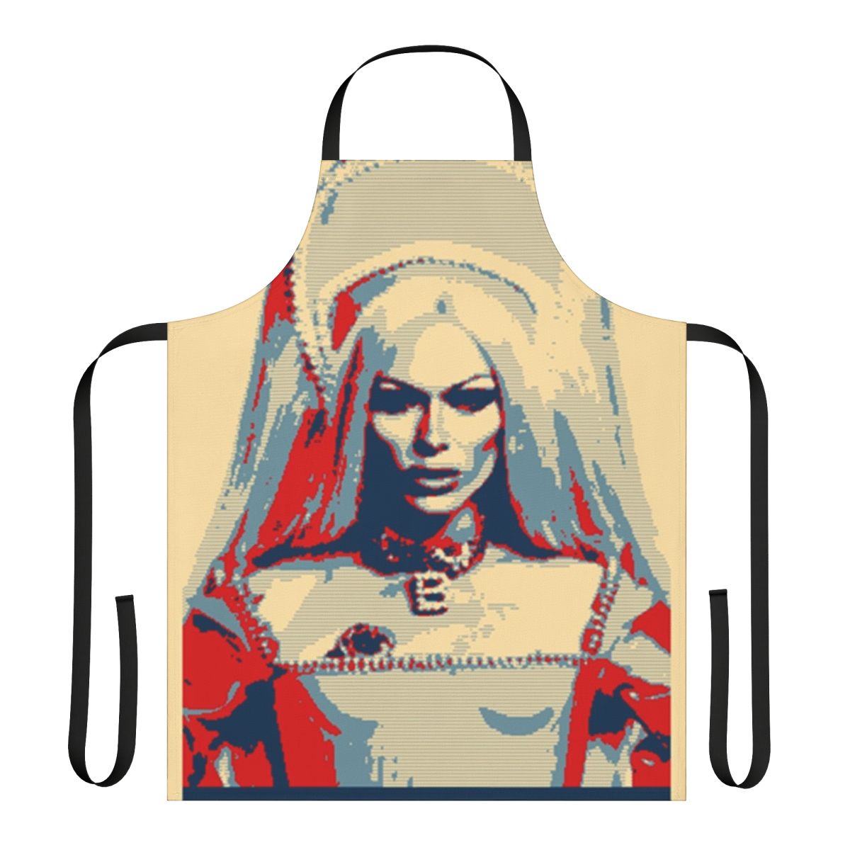 Colorful pop art style apron featuring Bimini Bon Boulash, a popular drag queen from RuPaul's Drag Race UK