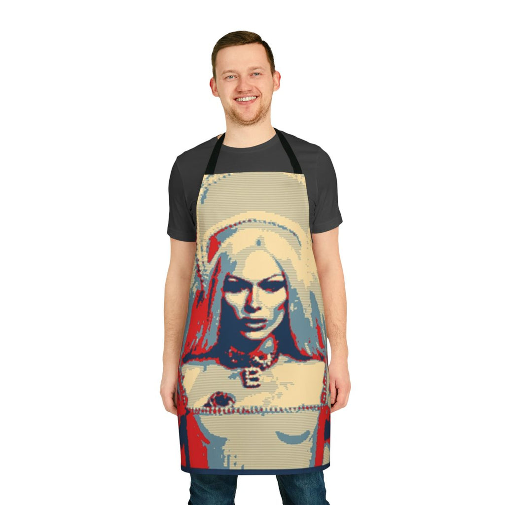 Colorful pop art style apron featuring Bimini Bon Boulash, a popular drag queen from RuPaul's Drag Race UK