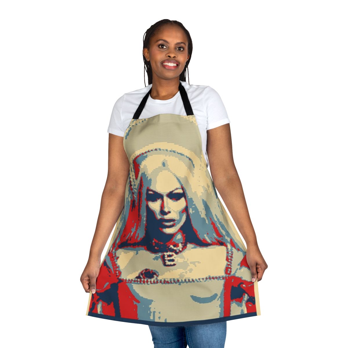 Colorful pop art style apron featuring Bimini Bon Boulash, a popular drag queen from RuPaul's Drag Race UK