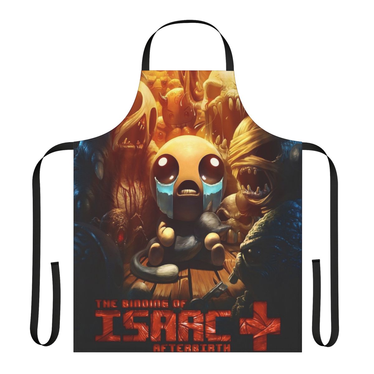 Binding of Isaac themed apron with demon, judas, and other character iconography