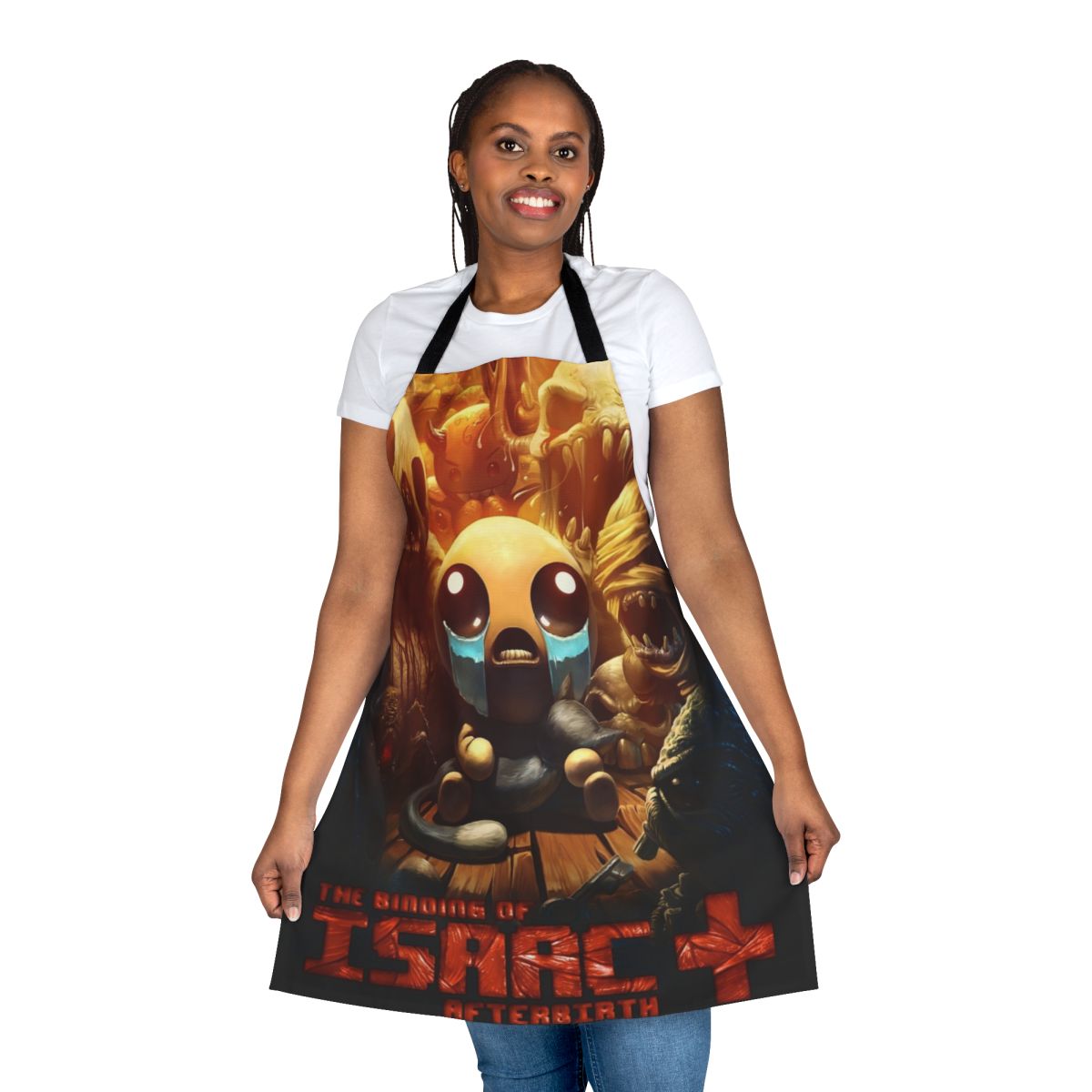 Binding of Isaac themed apron with demon, judas, and other character iconography