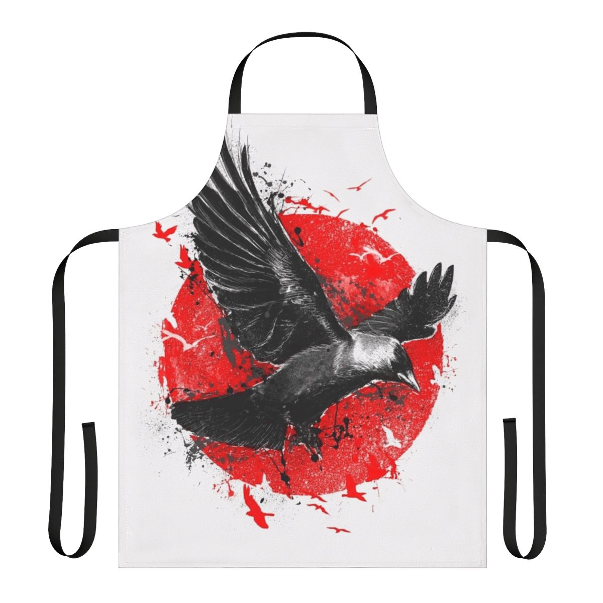 Vibrant red bird-print apron with wings and moon design