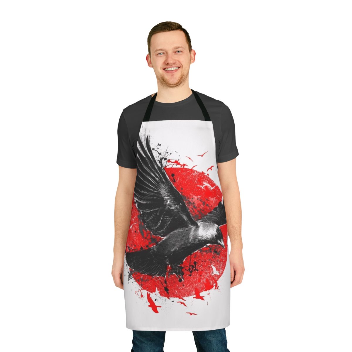 Vibrant red bird-print apron with wings and moon design