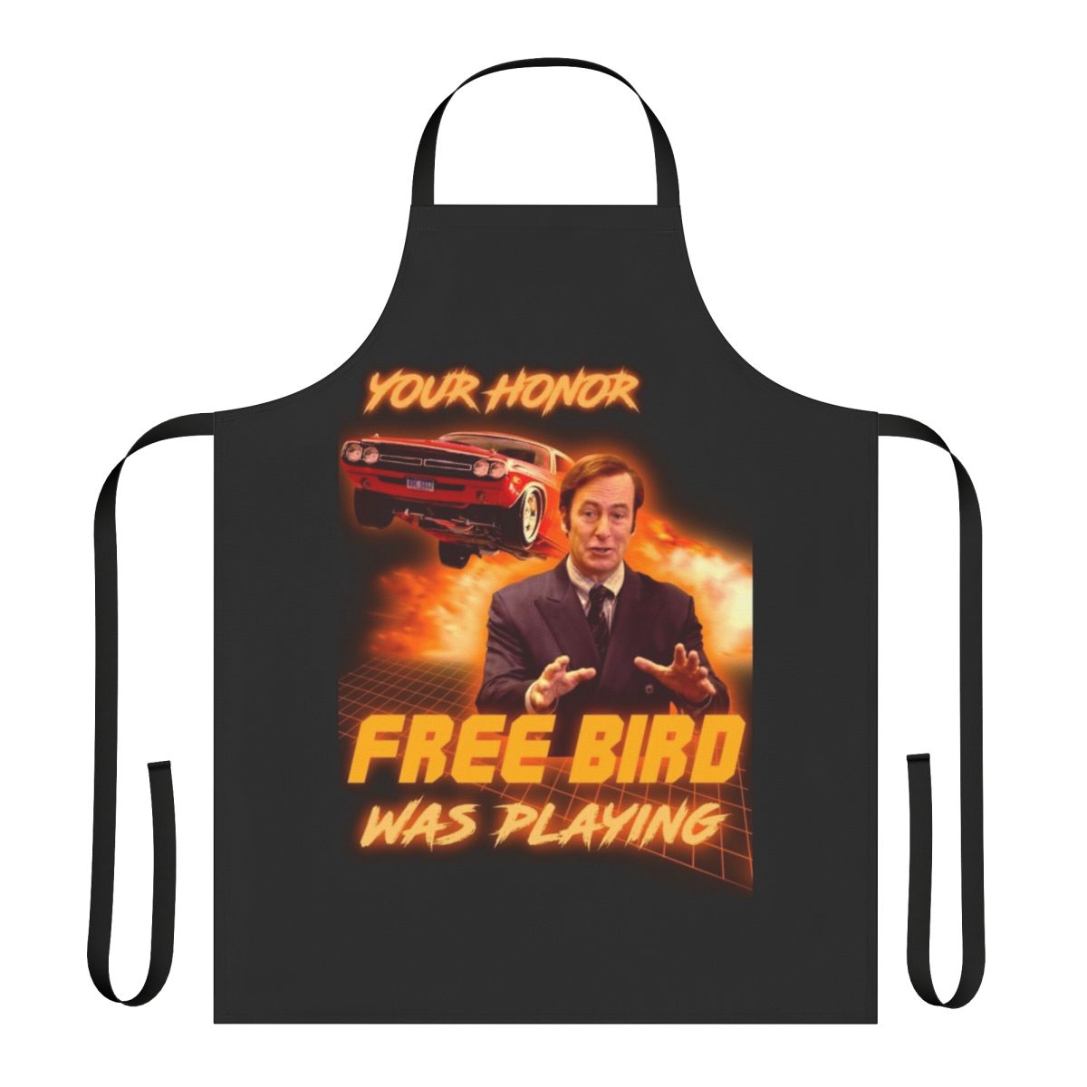 A bird-themed cooking apron with a vibrant, artistic design