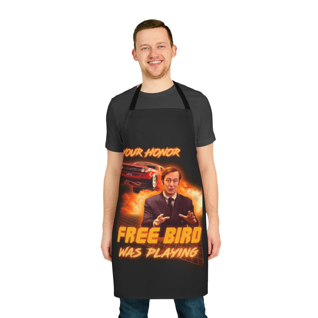 A bird-themed cooking apron with a vibrant, artistic design