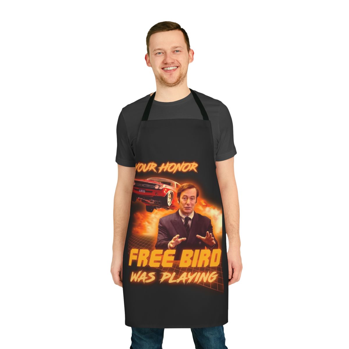 A bird-themed cooking apron with a vibrant, artistic design