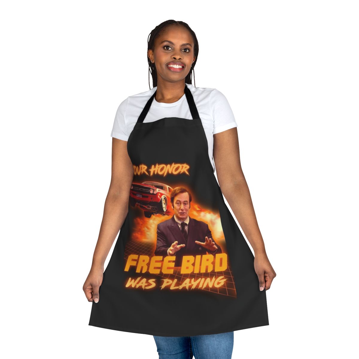 A bird-themed cooking apron with a vibrant, artistic design