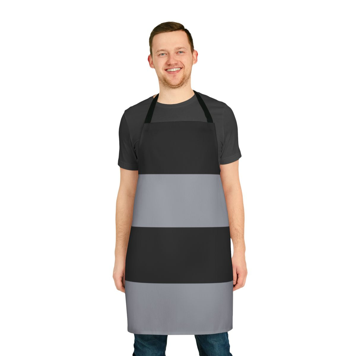 Black and grey striped apron