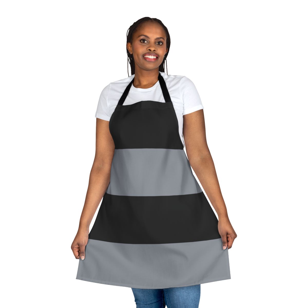 Black and grey striped apron