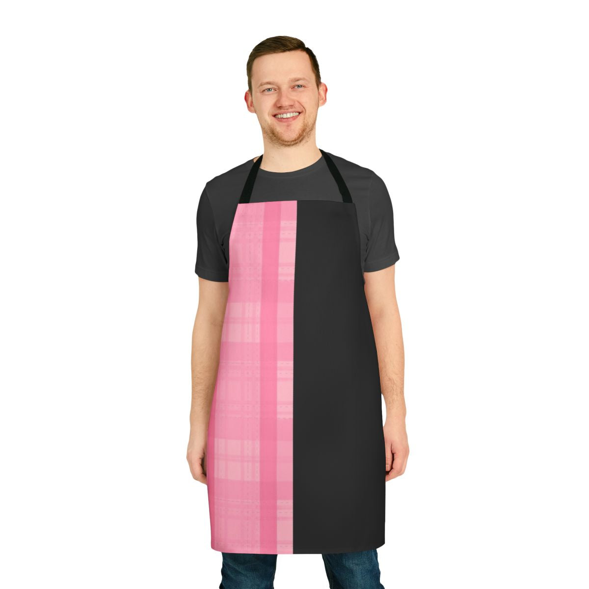 Fashionable black and pink plaid apron with a music-inspired design