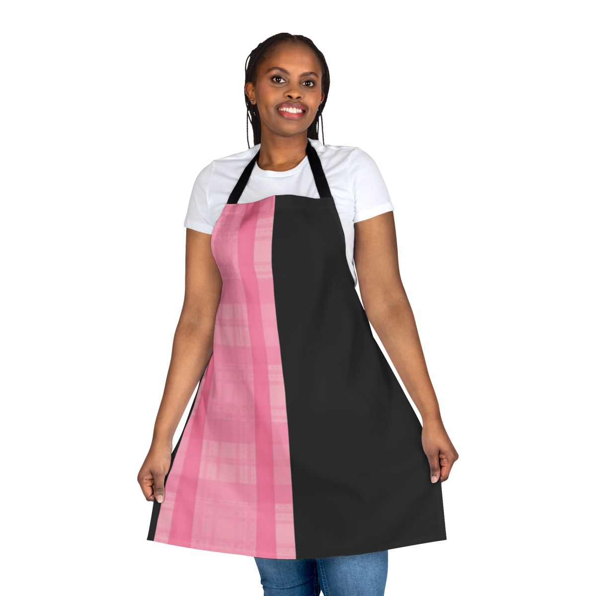 Fashionable black and pink plaid apron with a music-inspired design